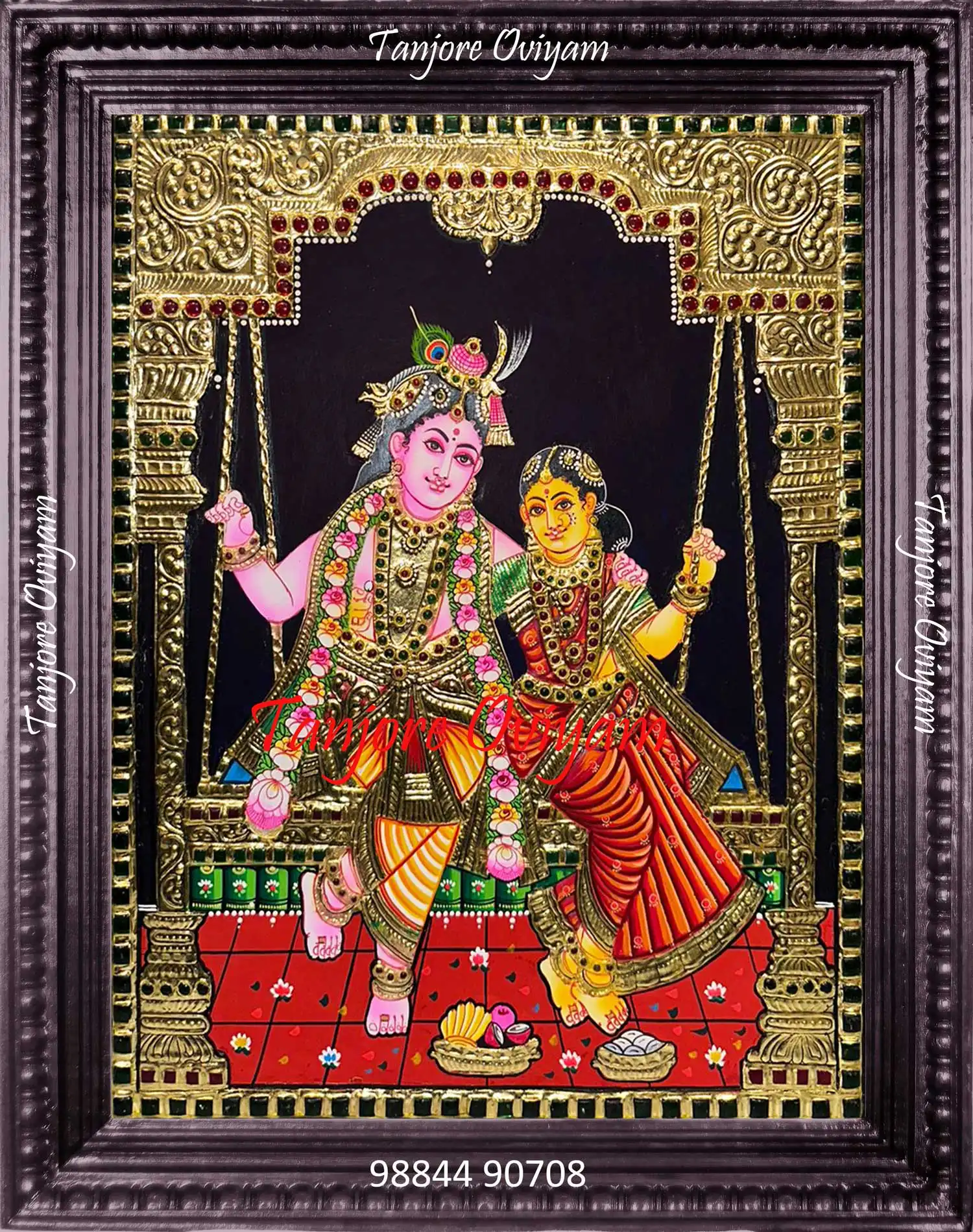 Radha Krishna on a Jula Tanjore Painting